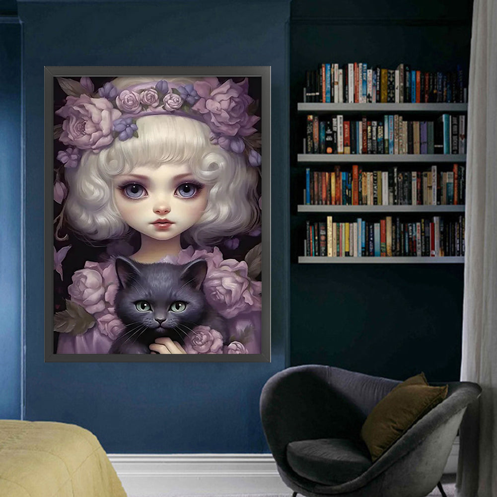 Doll Girl And Black Cat - 14CT Stamped Cross Stitch 45*60CM(Joy Sunday)