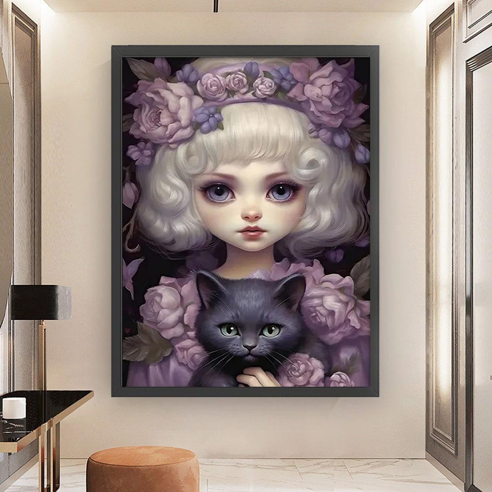 Doll Girl And Black Cat - 14CT Stamped Cross Stitch 45*60CM(Joy Sunday)