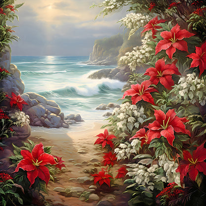 Red Flower Waves - Full Round Drill Diamond Painting 30*30CM