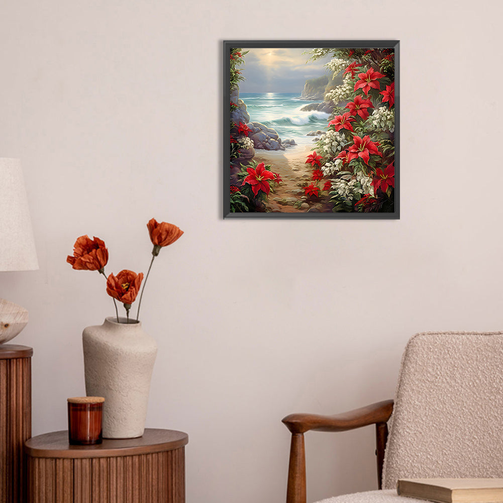 Red Flower Waves - Full Round Drill Diamond Painting 30*30CM