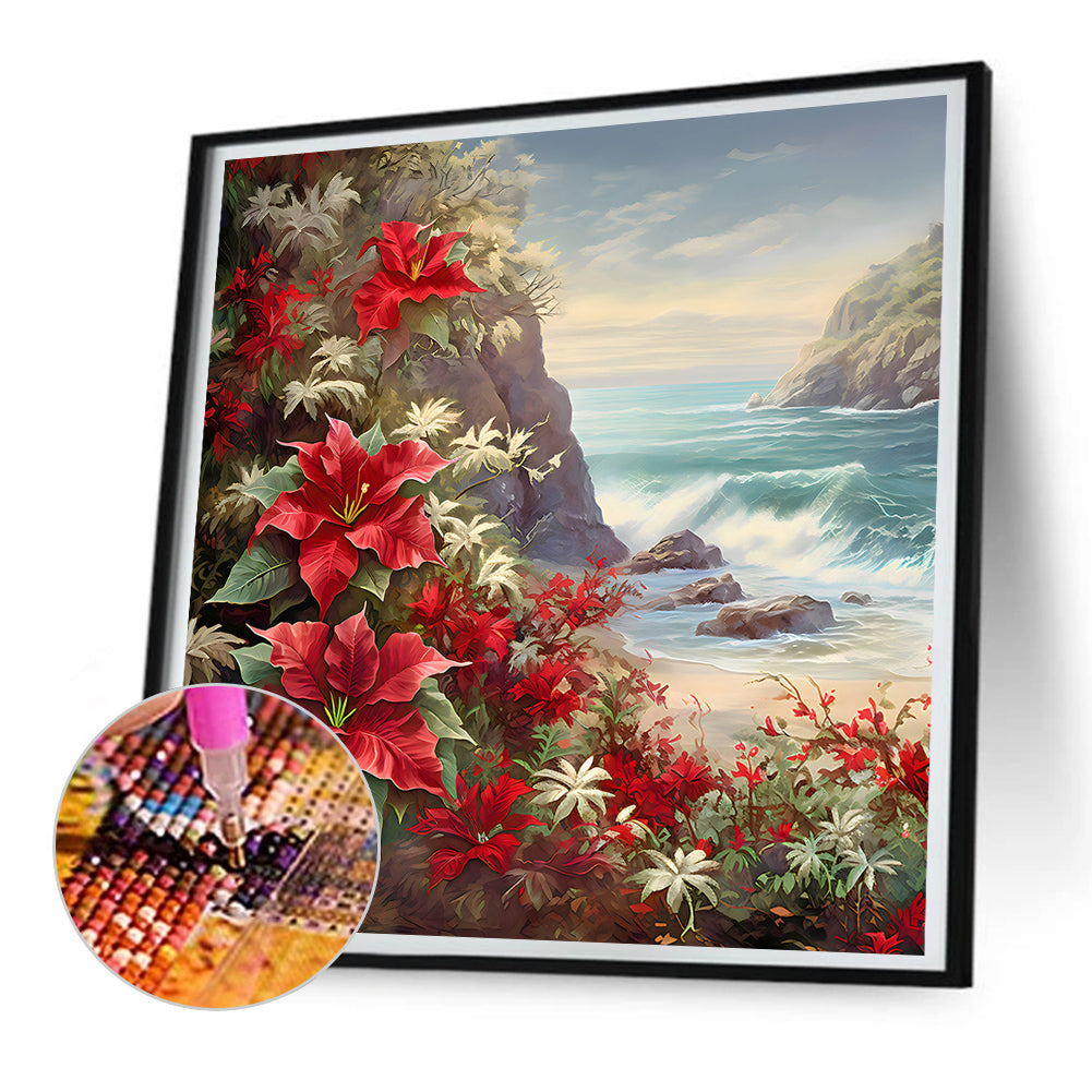 Red Flower Waves - Full Round Drill Diamond Painting 30*30CM