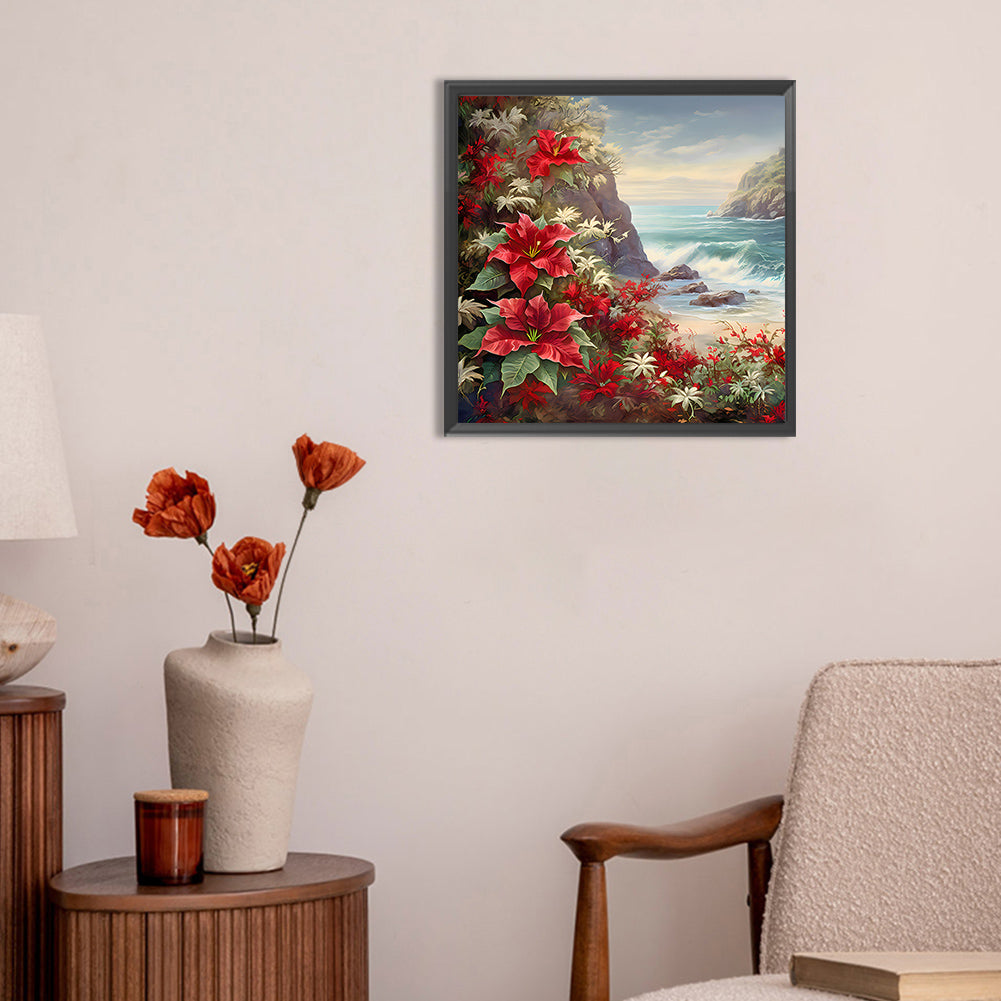 Red Flower Waves - Full Round Drill Diamond Painting 30*30CM