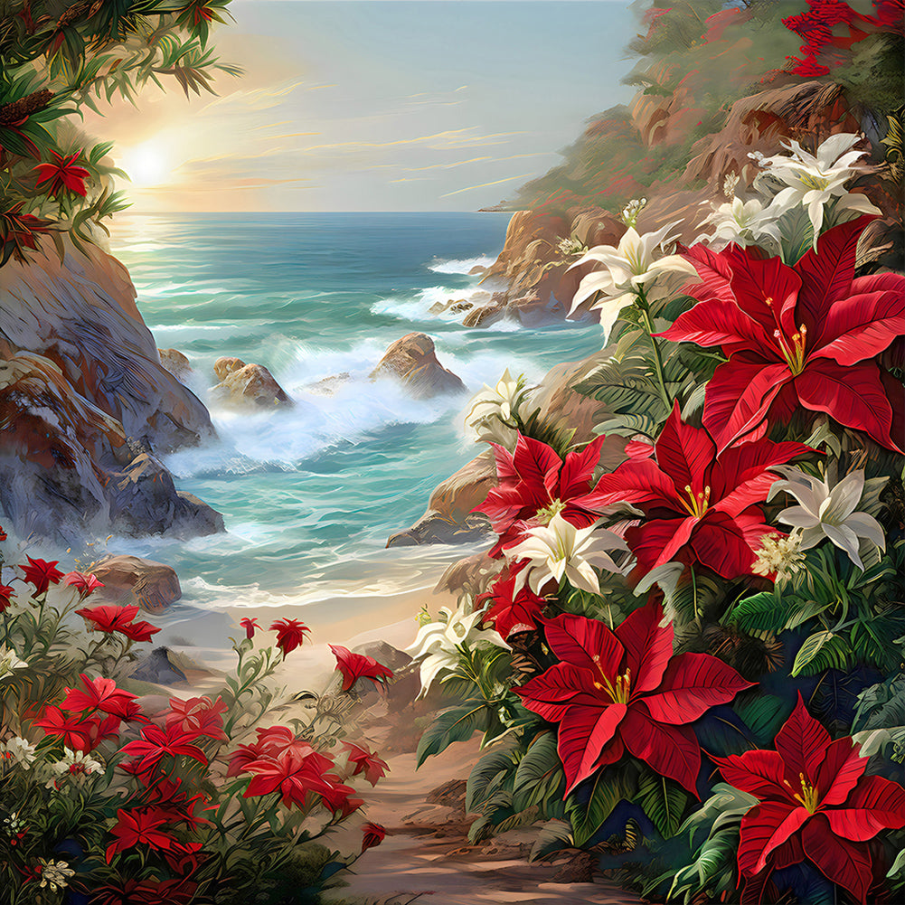 Red Flower Waves - Full Round Drill Diamond Painting 30*30CM