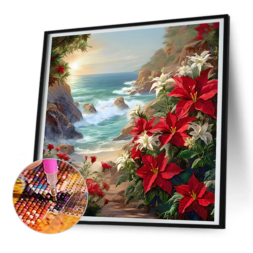 Red Flower Waves - Full Round Drill Diamond Painting 30*30CM