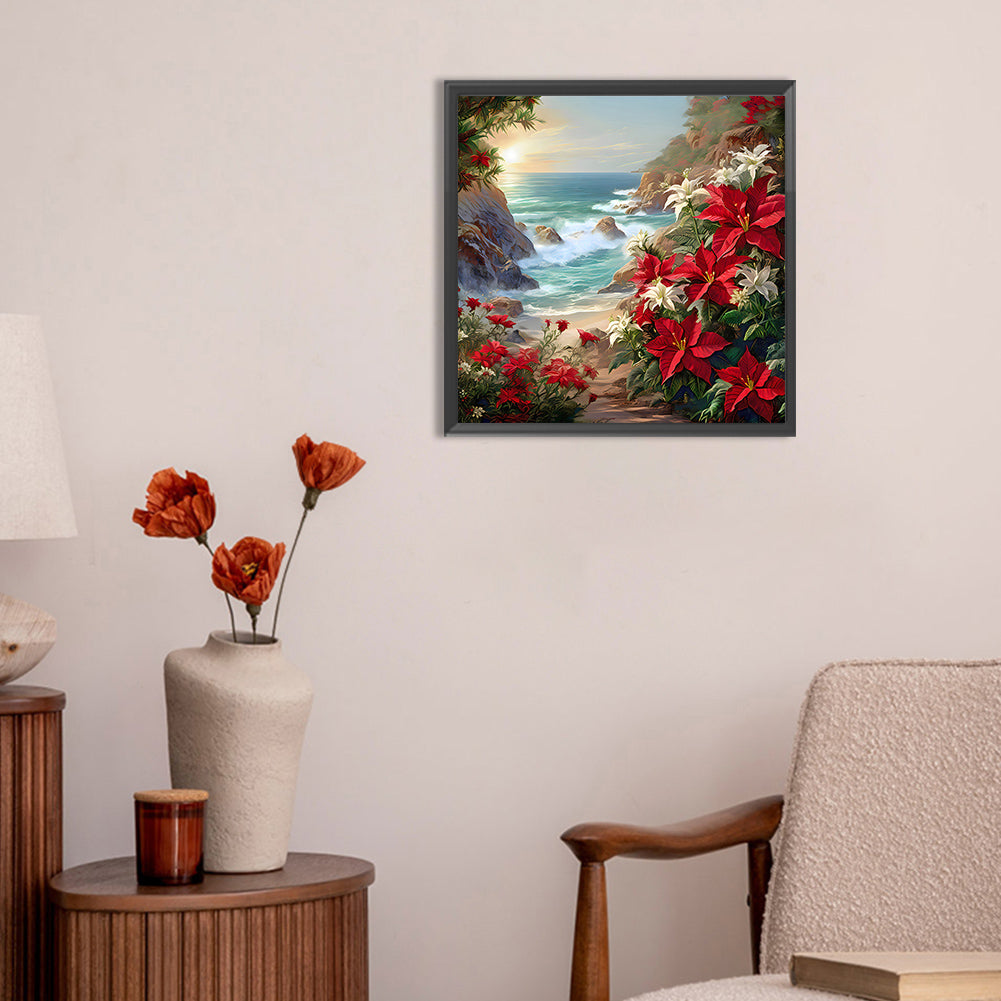 Red Flower Waves - Full Round Drill Diamond Painting 30*30CM