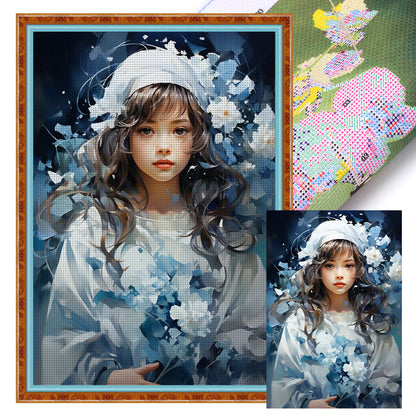 Blue And White Flower Girl - 11CT Stamped Cross Stitch 40*60CM(Joy Sunday)