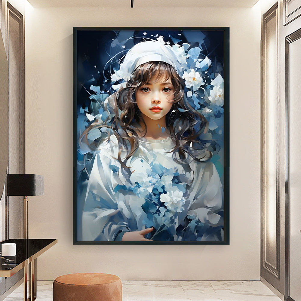 Blue And White Flower Girl - 11CT Stamped Cross Stitch 40*60CM(Joy Sunday)