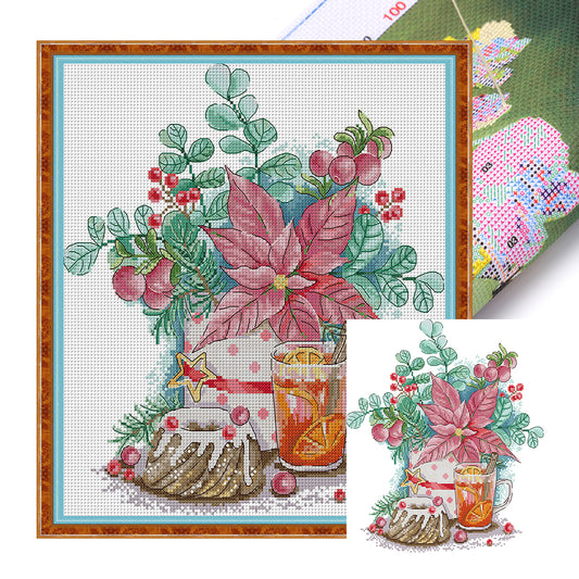 Christmas Red Flower Lemon Tea - 14CT Stamped Cross Stitch 32*36CM