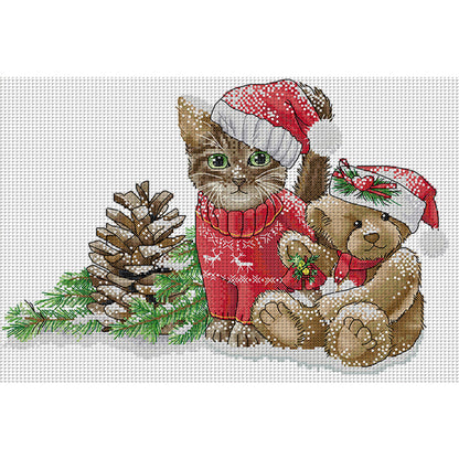 Christmas Kitten And Bear - 14CT Stamped Cross Stitch 42*30CM(Joy Sunday)