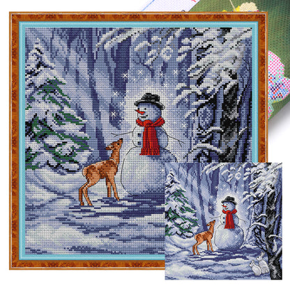 Snowman And Deer - 14CT Stamped Cross Stitch 32*32CM(Joy Sunday)