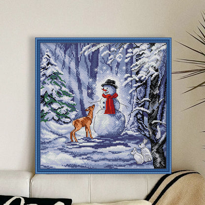 Snowman And Deer - 14CT Stamped Cross Stitch 32*32CM(Joy Sunday)