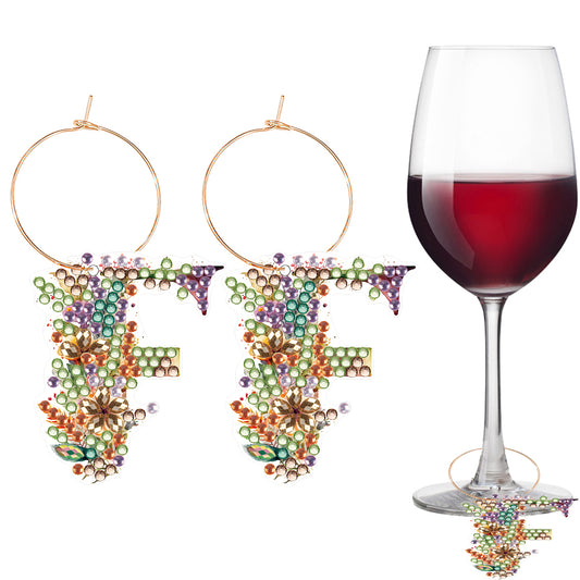 2 PCS Letter F Diamond Wine Glass Charms Diamond Painting Drink Markers Tags