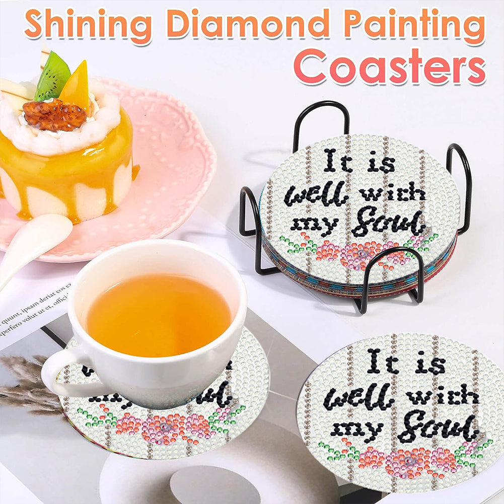 8 PCS Acrylic DIY Diamond Painting Art Coaster Kit with Holder (Love and Faith)