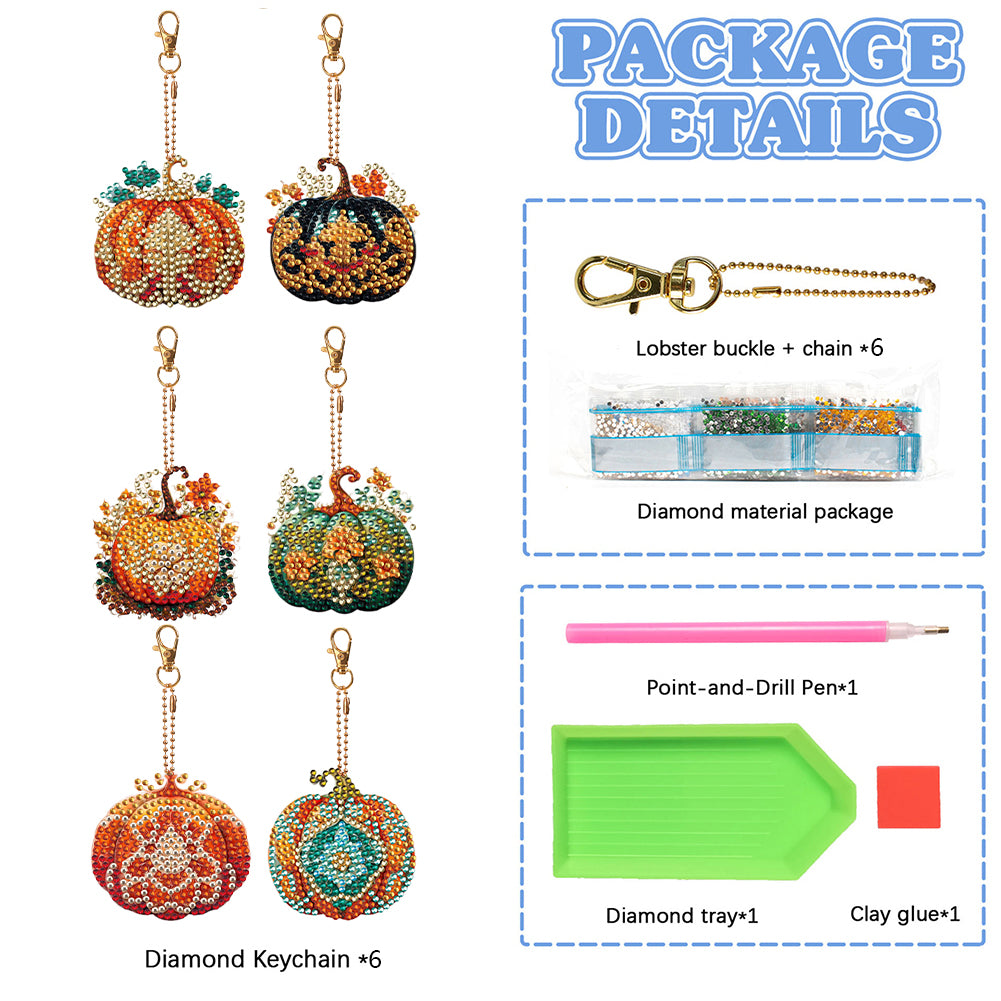 6 PCS Double Sided Diamond Painting Art Keychain Full Drill Keyring (Pumpkin)