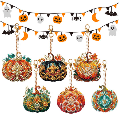 6 PCS Double Sided Diamond Painting Art Keychain Full Drill Keyring (Pumpkin)