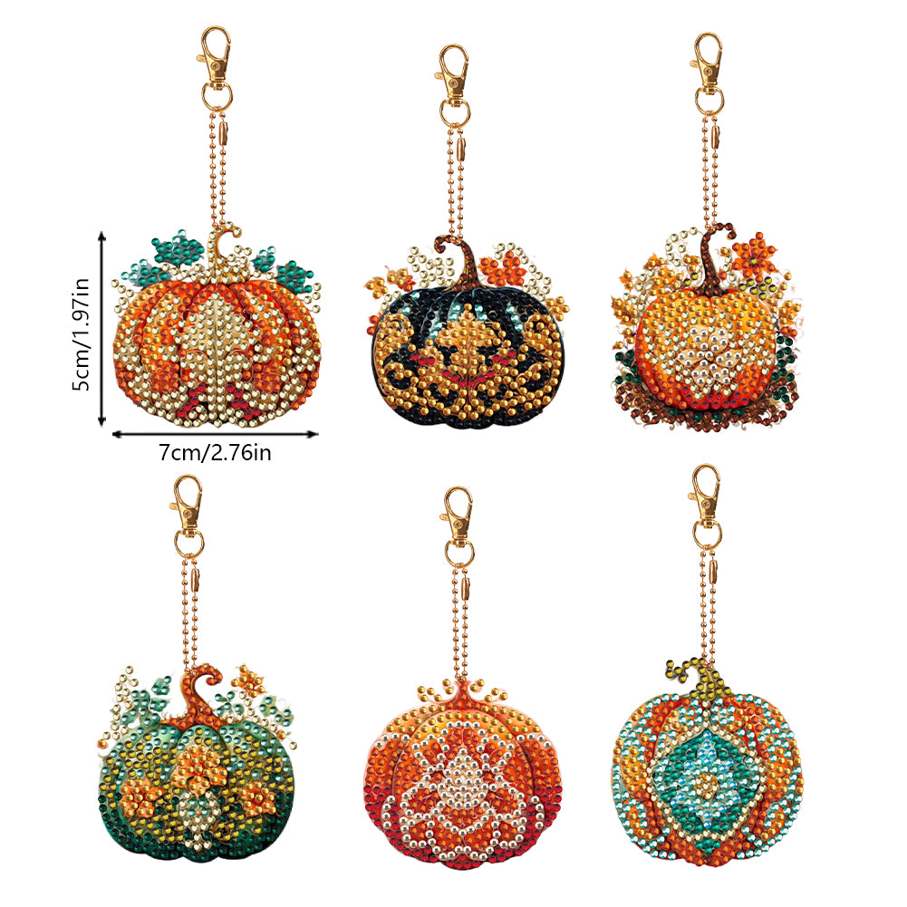 6 PCS Double Sided Diamond Painting Art Keychain Full Drill Keyring (Pumpkin)