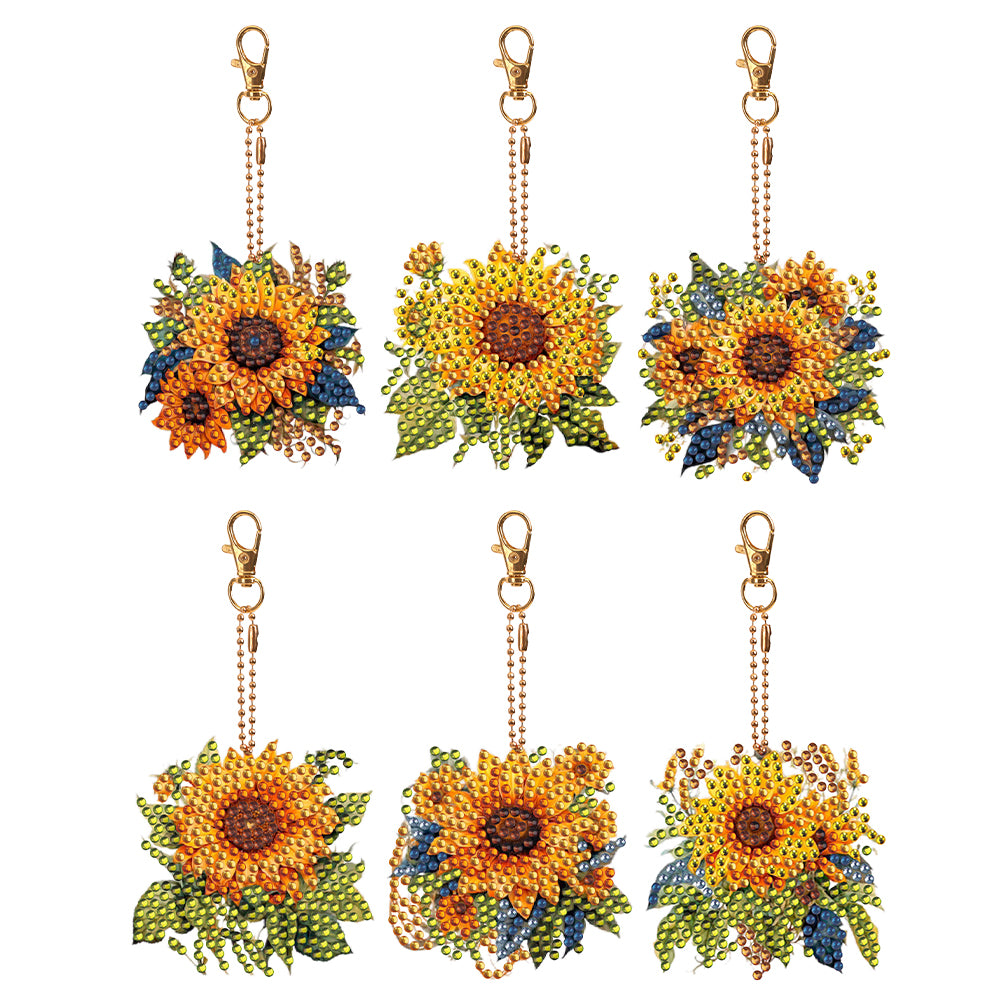 6 PCS Double Sided Diamond Painting Art Keychain Full Drill Keyring (Sunflower)