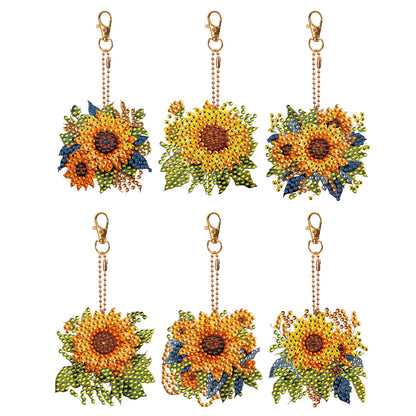 6 PCS Double Sided Diamond Painting Art Keychain Full Drill Keyring (Sunflower)