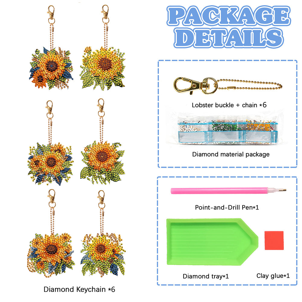 6 PCS Double Sided Diamond Painting Art Keychain Full Drill Keyring (Sunflower)