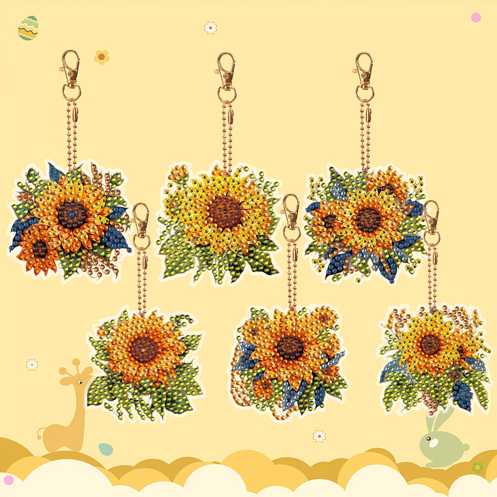 6 PCS Double Sided Diamond Painting Art Keychain Full Drill Keyring (Sunflower)