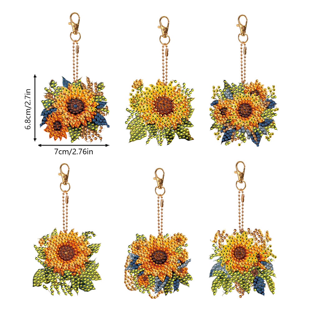 6 PCS Double Sided Diamond Painting Art Keychain Full Drill Keyring (Sunflower)