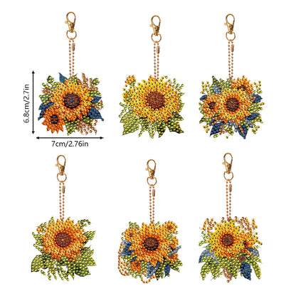 6 PCS Double Sided Diamond Painting Art Keychain Full Drill Keyring (Sunflower)