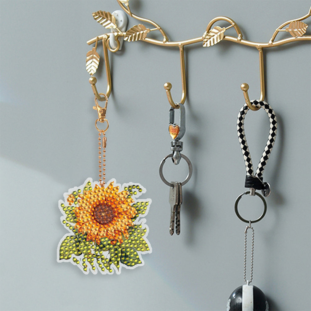 6 PCS Double Sided Diamond Painting Art Keychain Full Drill Keyring (Sunflower)