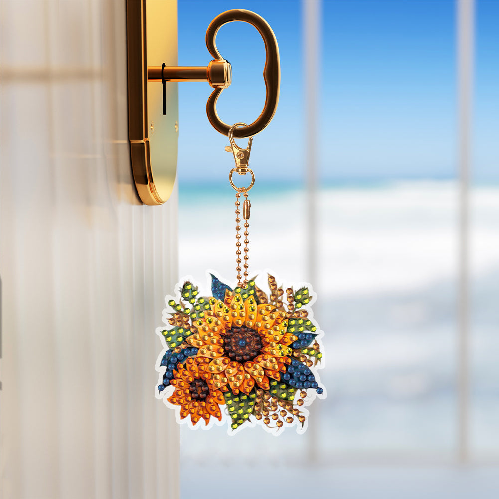 6 PCS Double Sided Diamond Painting Art Keychain Full Drill Keyring (Sunflower)