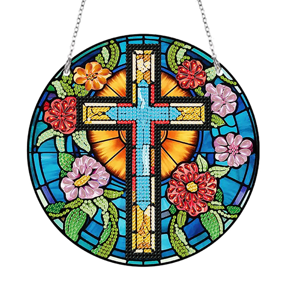 Acrylic Flower Cross Single-Sided Round Diamond Painting Hanging Pendant 20x20cm