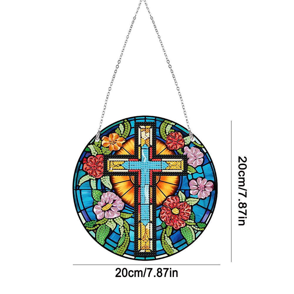 Acrylic Flower Cross Single-Sided Round Diamond Painting Hanging Pendant 20x20cm