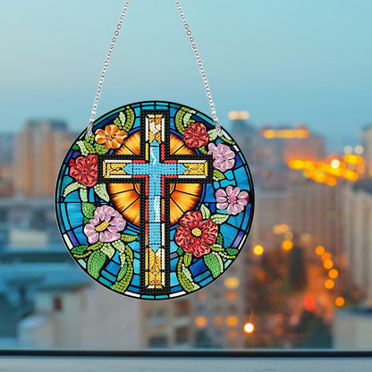 Acrylic Flower Cross Single-Sided Round Diamond Painting Hanging Pendant 20x20cm