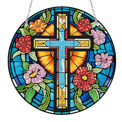 Acrylic Flower Cross Single-Sided Round Diamond Painting Hanging Pendant 20x20cm