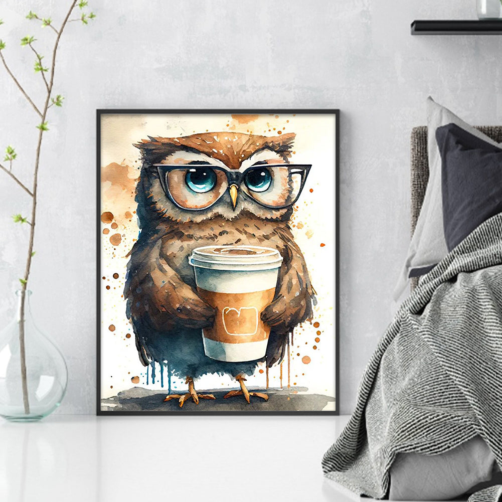 Owl Drinking Coffee - 11CT Stamped Cross Stitch 40*50CM