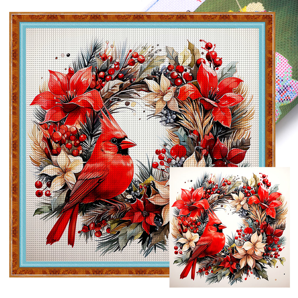 Cardinal Wreath - 18CT Stamped Cross Stitch 30*30CM