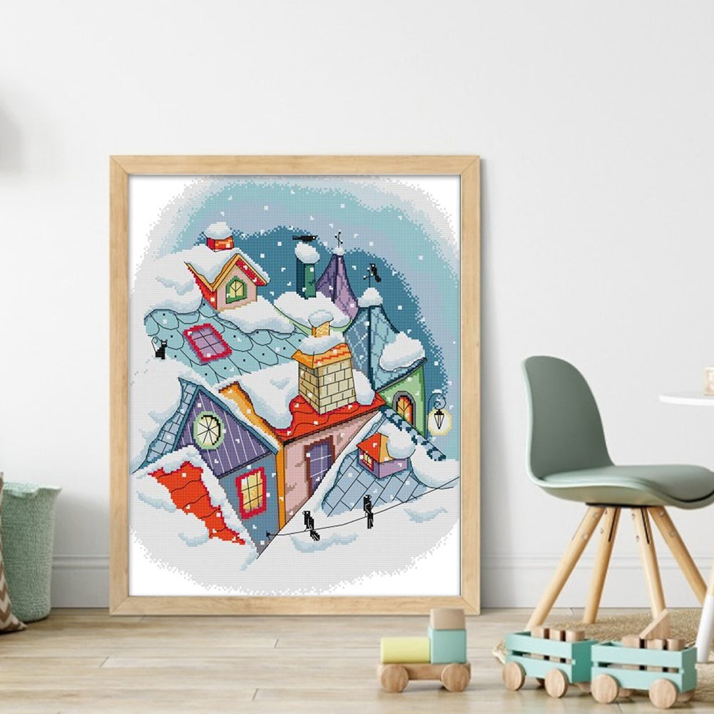 Remaining Snow On The Roof - 14CT Stamped Cross Stitch 39*46CM(Joy Sunday)