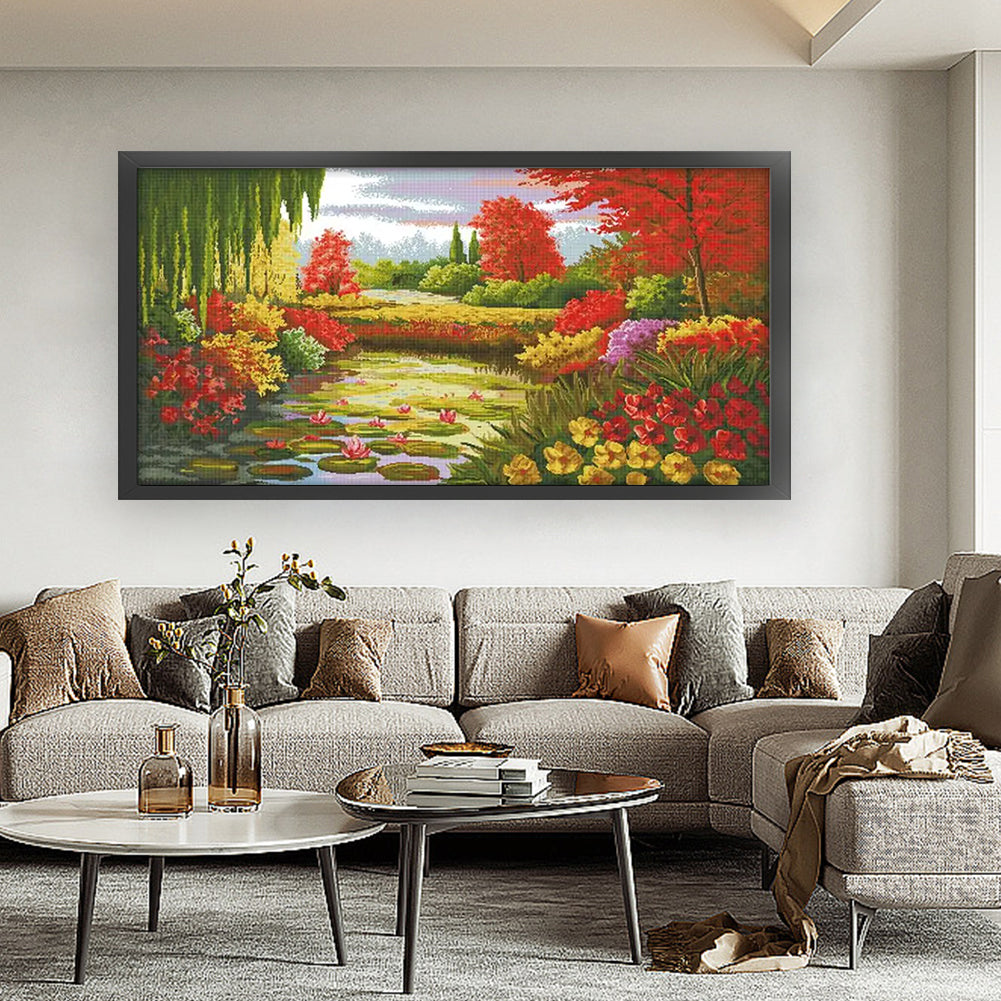 Autumn Colors Of Lotus Pond - 14CT Stamped Cross Stitch 103*58CM(Joy Sunday)