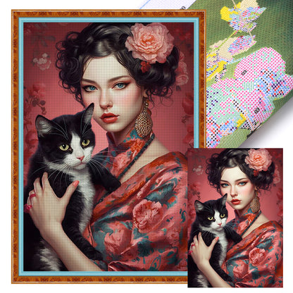 Girl And Cat - 11CT Stamped Cross Stitch 45*65CM
