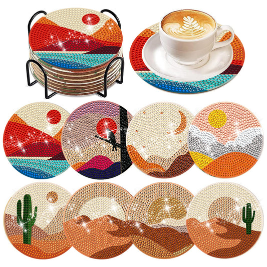 8 PCS Wooden Diamond Painting Art Coasters Kits with Holder (Desert Scenery)