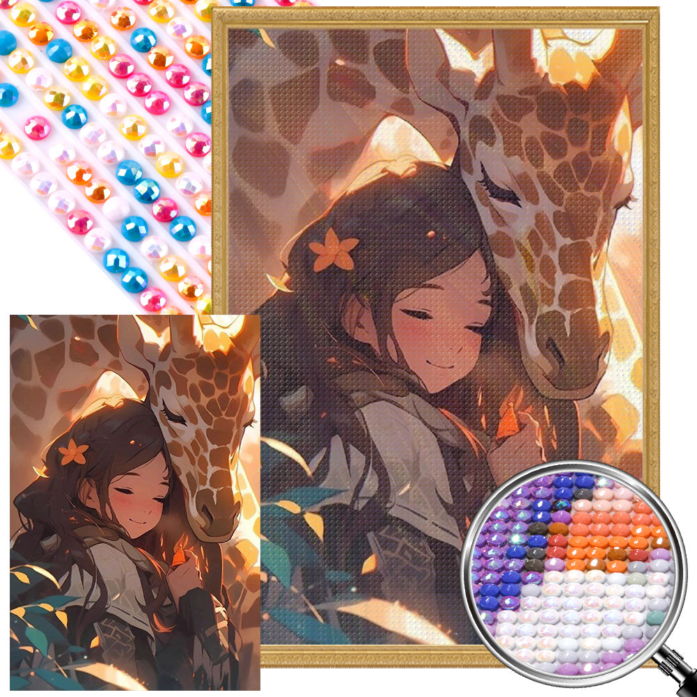 Girl And Giraffe - Full AB Round Drill Diamond Painting 40*60CM