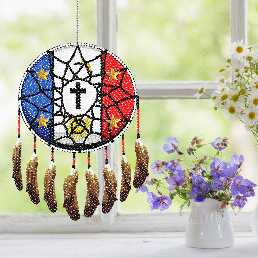 Single-Sided Round Diamond Painting Hanging Pendant 15x20cm (Flag Dreamcatcher)