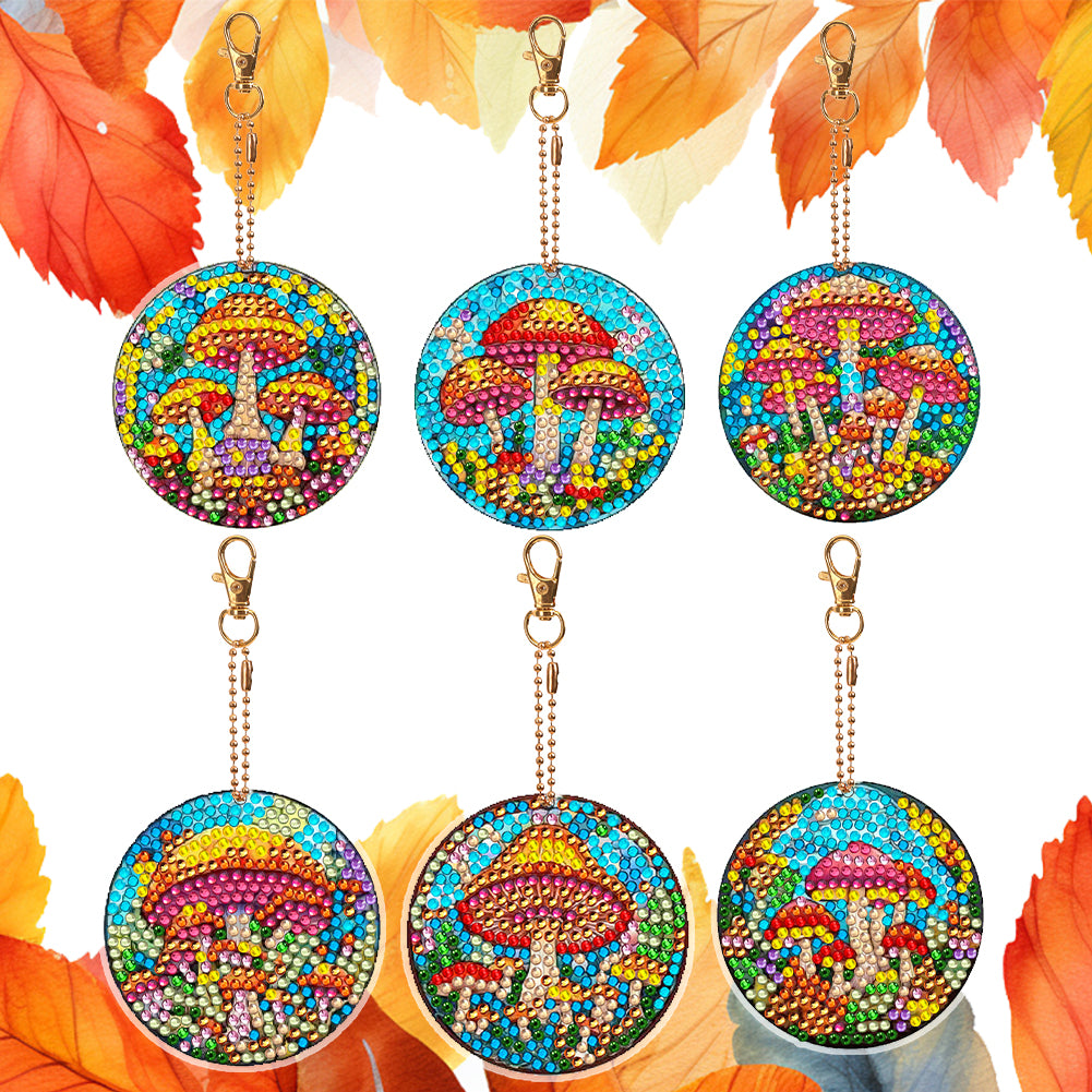 6 PCS Double Sided Special Shape Diamond Painting Keychain Pendant (Mushroom)