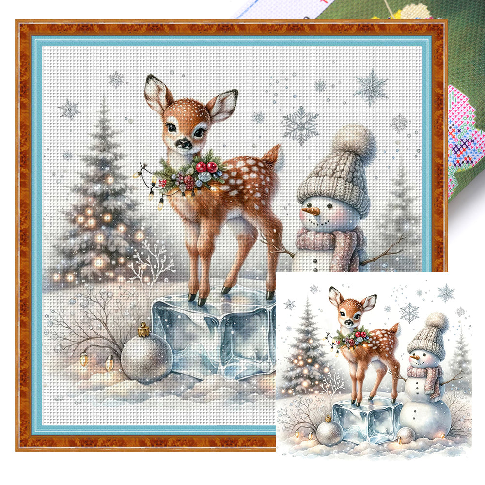 Snowman And Deer - 18CT Stamped Cross Stitch 30*30CM