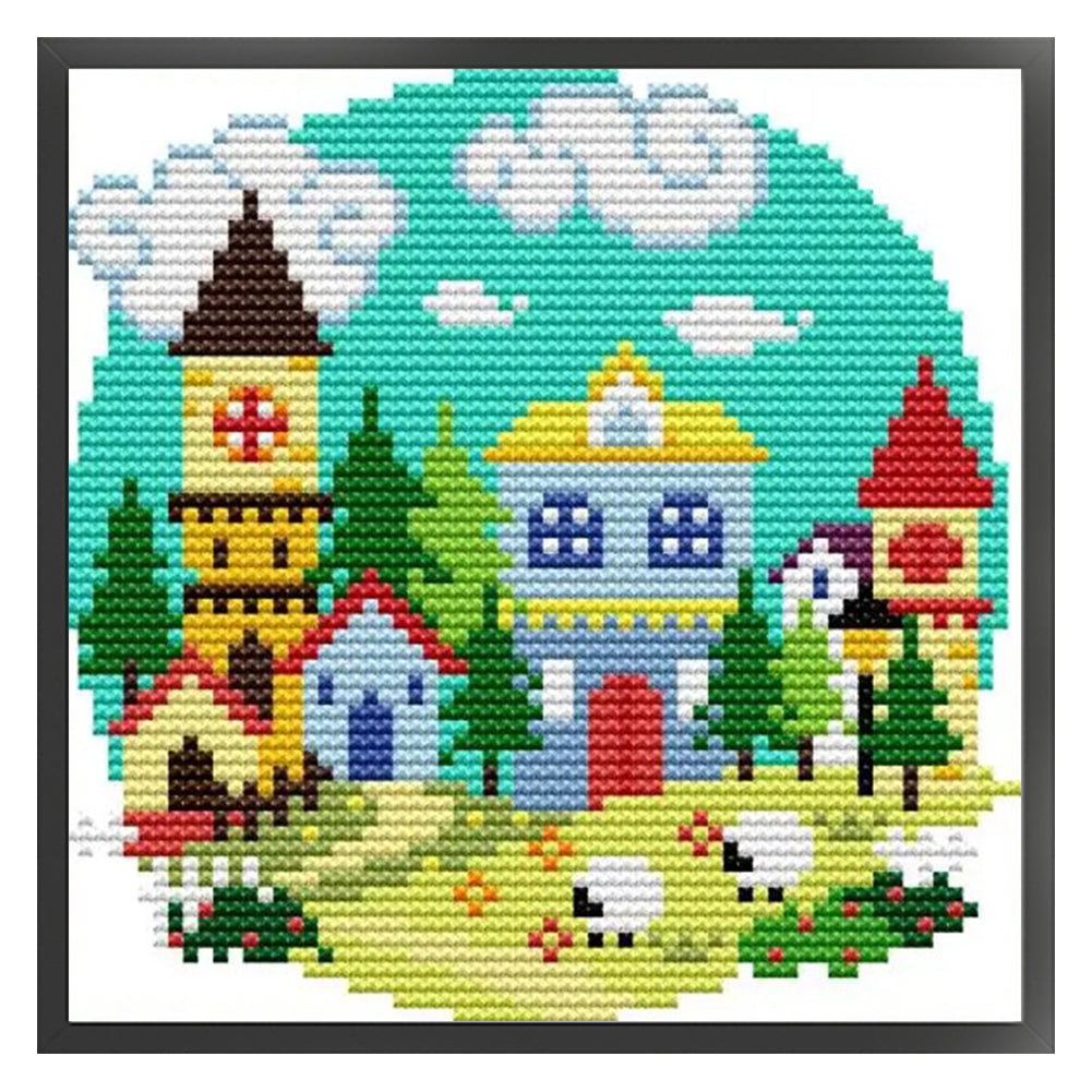 Spring Village - 14CT Stamped Cross Stitch 16*16CM(Joy Sunday)