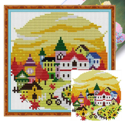 Autumn Village - 14CT Stamped Cross Stitch 16*16CM(Joy Sunday)