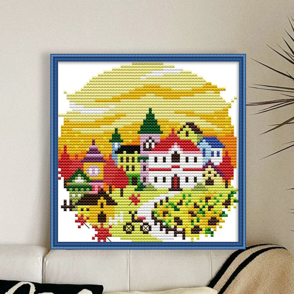 Autumn Village - 14CT Stamped Cross Stitch 16*16CM(Joy Sunday)