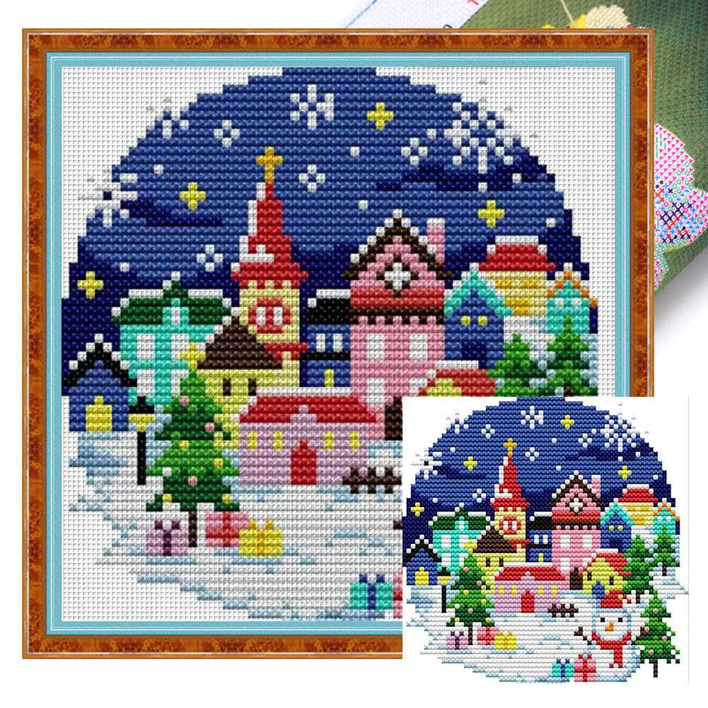 Winter Village - 14CT Stamped Cross Stitch 17*16CM(Joy Sunday)