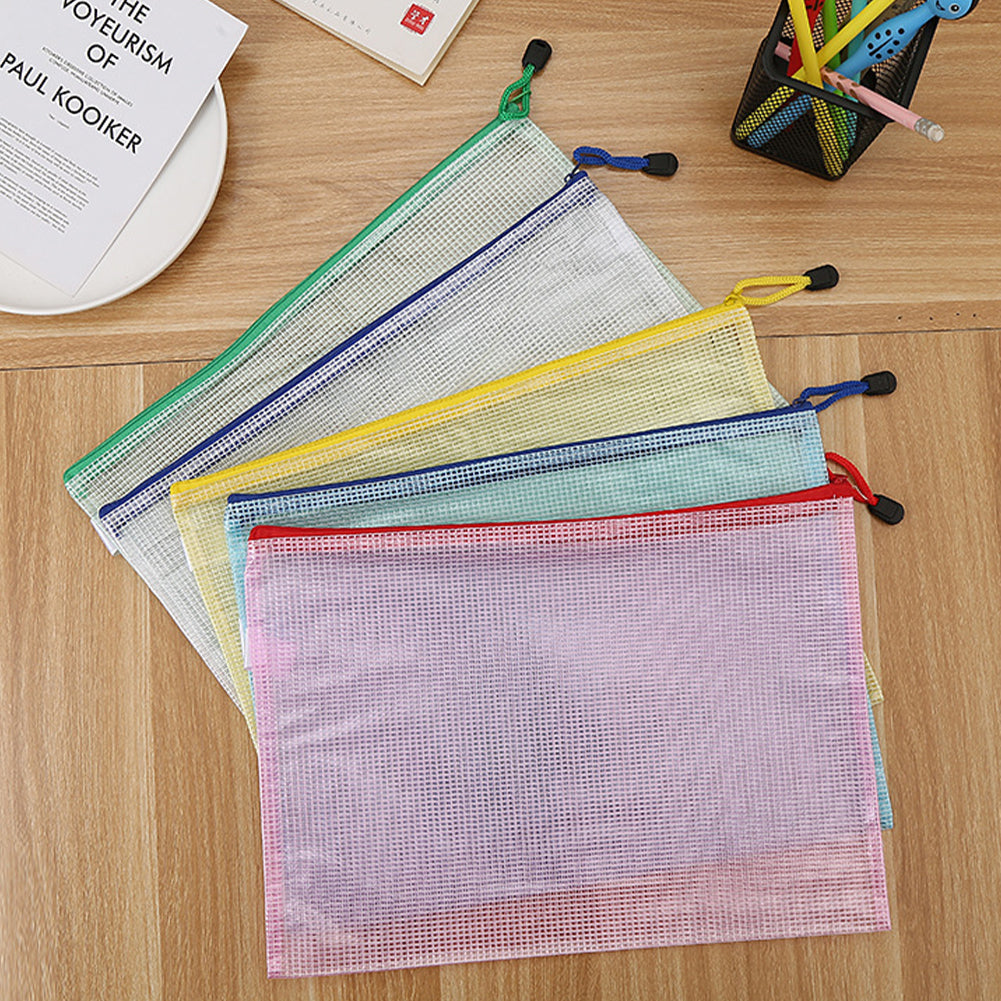 5pcs Mesh Zipper Bag Cross Stitch Mesh Zipper Pouch 15.35x11.02in(Colour Random)