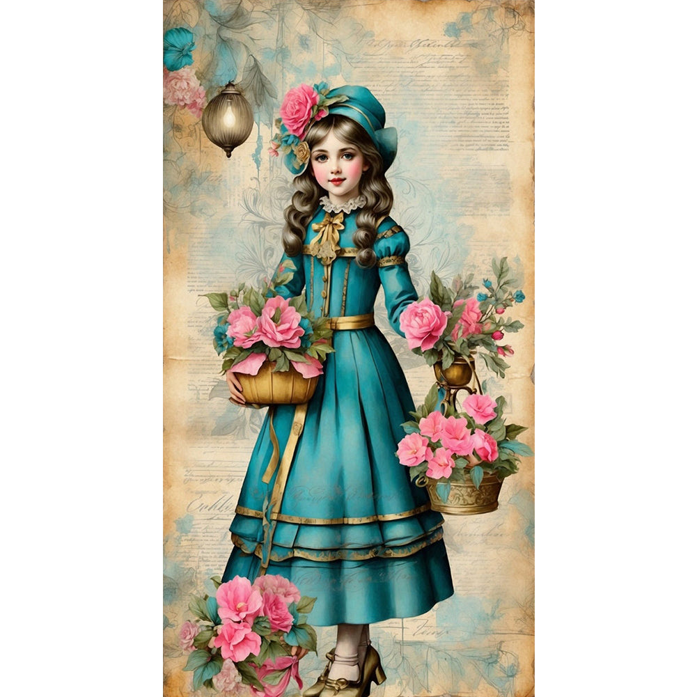 Retro Poster - Girl And Flowers - 14CT Stamped Cross Stitch 40*70CM