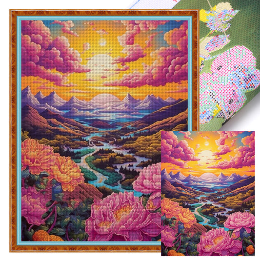 Flowers Colorful Clouds Scenery - 16CT Stamped Cross Stitch 50*65CM