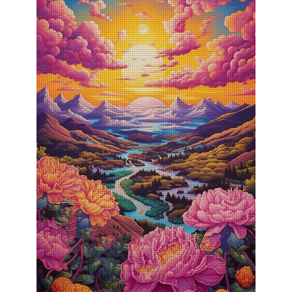 Flowers Colorful Clouds Scenery - 16CT Stamped Cross Stitch 50*65CM